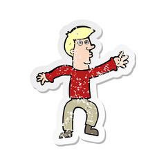 retro distressed sticker of a cartoon reaching man