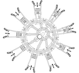 Disassembled radial engine on a white