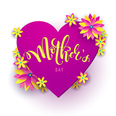 Square vector illustration for mothers day celebration with handwritten lettering, pink heart and yellow flowers. Illustration with text mother's day