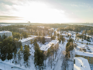 Aerial winter suburbs in Perno, Turku, Finland. February 2019.