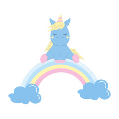 Cute unicorn is sitting on a rainbow with clouds. Vector illustration