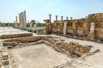 Famagusta, Turkish Republic of Northern Cyprus. Columns and sculptures at Ancient City Salamis Ruins.