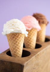 A Line of Three Classic Flavors of Ice Cream in a Wooden Sugar Mold