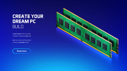 RAM memory realistic 3d isometric illustration, personal computer hardware components, custom gaming and workstation accessories, pc store and service