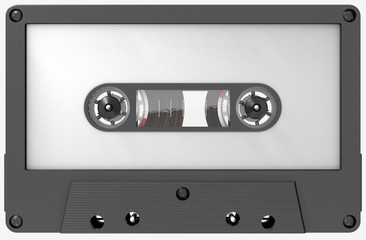 3d illustration of a black blank audio cassette with sticker and label