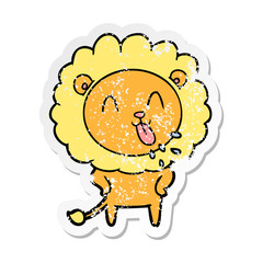 distressed sticker of a happy cartoon lion