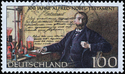 Alfred Nobel testament on german postage stamp