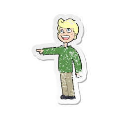 retro distressed sticker of a cartoon man pointing and laughing