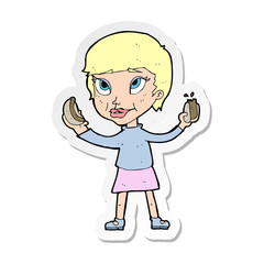 sticker of a cartoon woman eating hotdogs