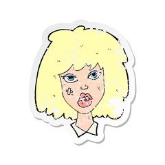 retro distressed sticker of a cartoon woman with bruised face