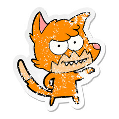 distressed sticker of a cartoon grinning fox