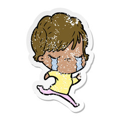 distressed sticker of a cartoon woman crying