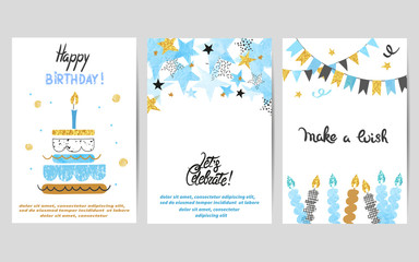 Happy Birthday cards set in blue and golden colors. Celebration vector templates with birthday cake and stars - 255025642