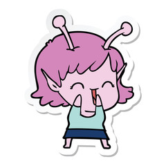 sticker of a cartoon alien girl laughing