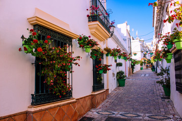 Street. The picturesque street of the city of Estepona. Costa del Sol, Andalusia, Spain. Picture taken – 12 March 2019. - obrazy, fototapety, plakaty