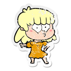 distressed sticker of a cartoon whistling girl