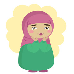 Cute Muslim girl with her palms at her face. Vector illustration. 