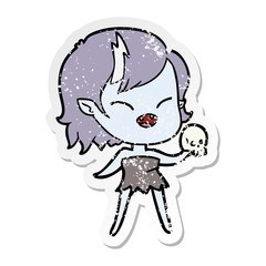 distressed sticker of a cartoon laughing vampire girl with skull