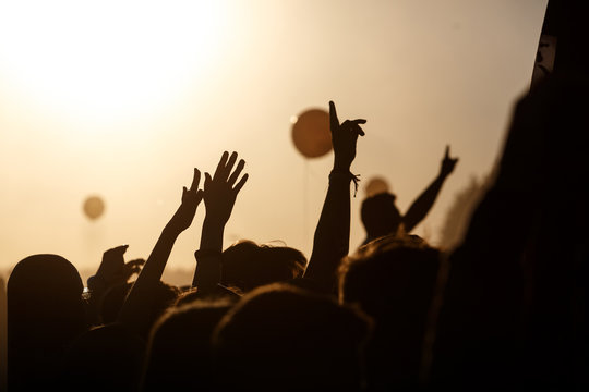 Hands Of Happy People Crowd Having Fun At Stage At Summer Live Rock Fest