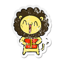 distressed sticker of a happy cartoon lion