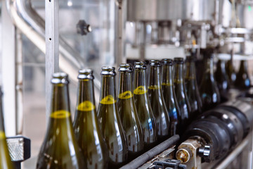 Glass bottles on the automatic conveyor line at the champagne or wine factory. Plant for bottling...