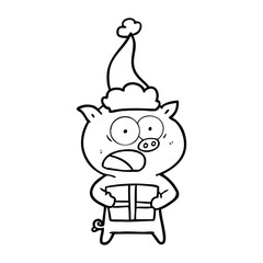 line drawing of a pig with christmas present wearing santa hat
