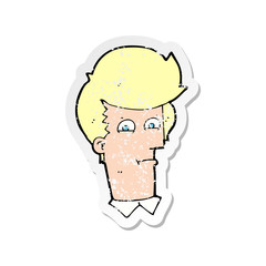 retro distressed sticker of a cartoon man narrowing eyes