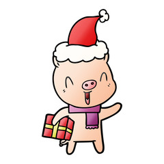 happy gradient cartoon of a pig with xmas present wearing santa hat