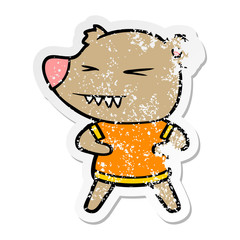 distressed sticker of a angry bear cartoon in t shirt