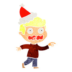 retro cartoon of a stressed out pointing wearing santa hat