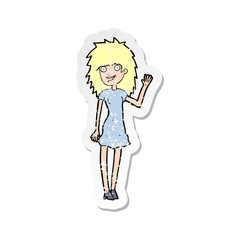 retro distressed sticker of a cartoon happy woman waving