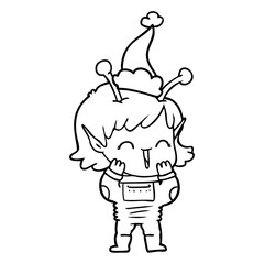 line drawing of a alien girl giggling wearing santa hat