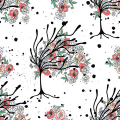 Vector hand drawn seamless pattern graphic illustration of tree with flowers leaves branch, rose, poppy Sketch drawing, doodle style Artistic abstract, watercolor wirh drip blot splotch ink splodge 