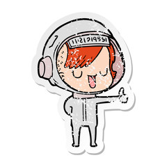 distressed sticker of a cartoon astronaut woman