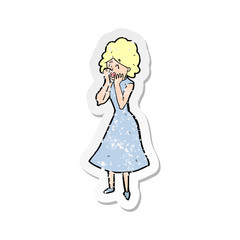 retro distressed sticker of a cartoon worried woman
