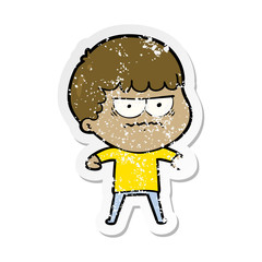 distressed sticker of a cartoon annoyed man