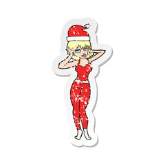 Obraz premium retro distressed sticker of a cartoon woman all ready for christmas