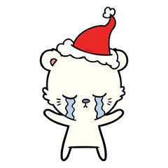 crying line drawing of a polarbear wearing santa hat