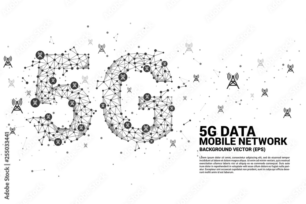 Aufkleber Vector Polygon dot connect line shaped 5G mobile network with antenna tower icon. Concept for telecom technology.