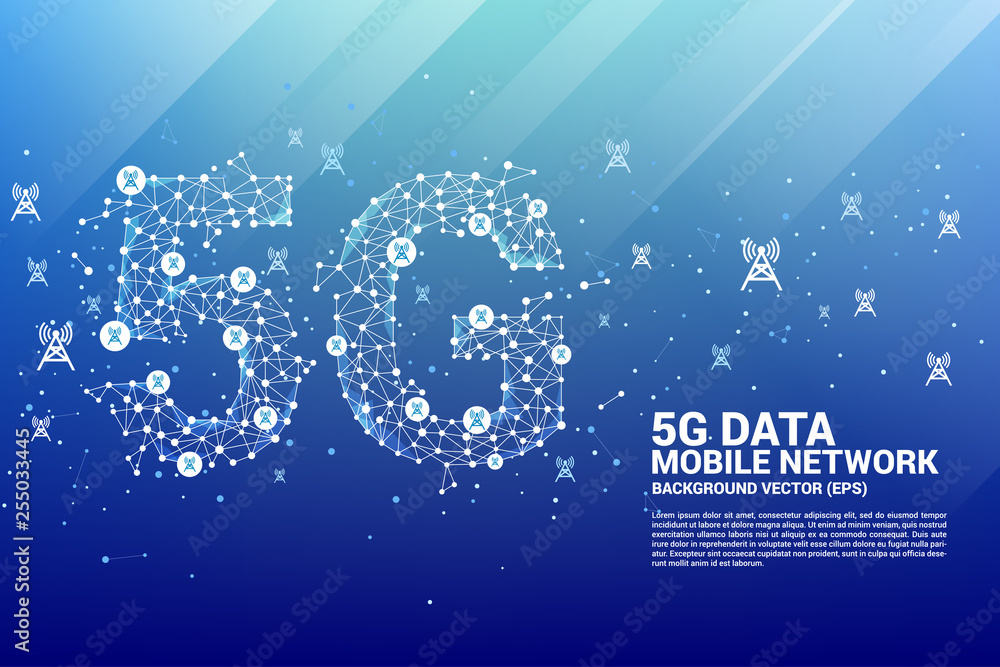 Poster PrintVector Polygon dot connect line shaped 5G mobile network with antenna tower icon. Concept for telecom technology.