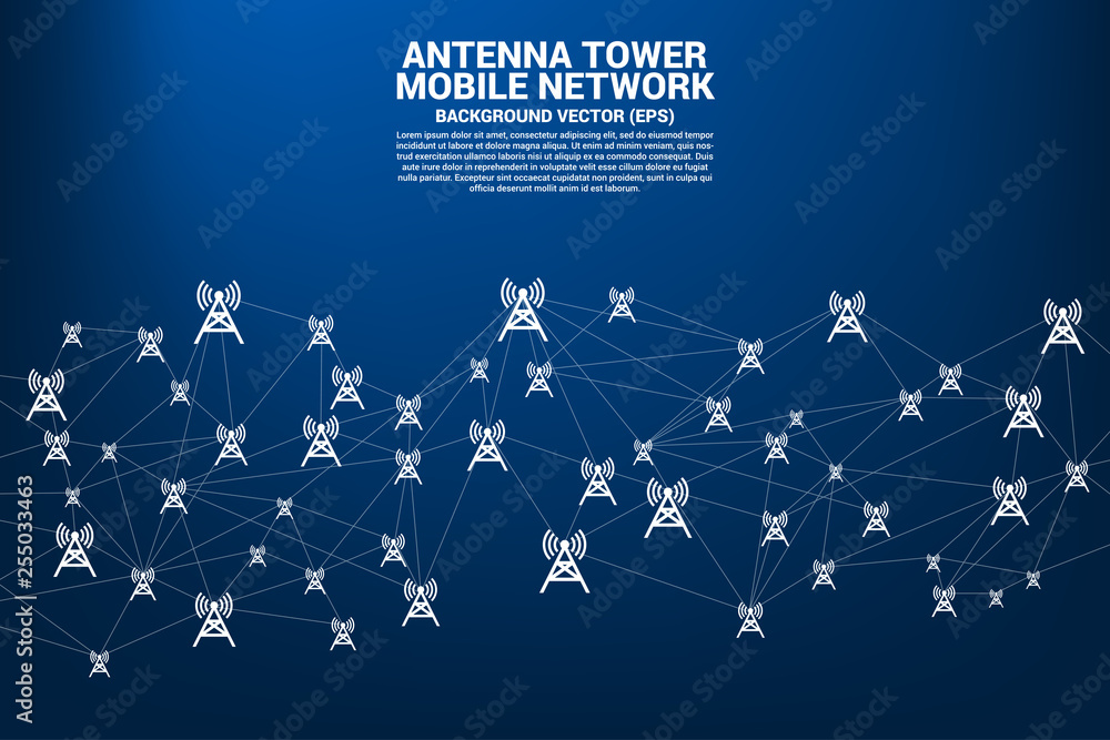 Poster Vector Polygon network dot connect line with antenna tower icon. Concept for international telecom service and technology.