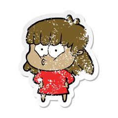 distressed sticker of a cartoon whistling girl