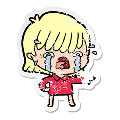 distressed sticker of a cartoon girl crying