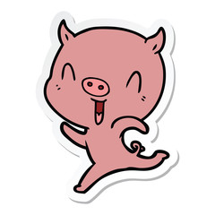 sticker of a happy cartoon pig running
