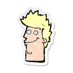 retro distressed sticker of a cartoon happy man face