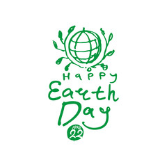 Happy Earth Day. Green handwritten logo. April 22. Vector hand drawn template painted globe with green twigs and an inscription.