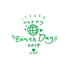 Happy Earth Day 2019. Green handwritten logo with the globe. Vector hand drawn template.