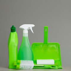 Green detergent bottle for toilet, spray bottle, brush, sponge, scoop and dust on grey background. Cleaning tools.