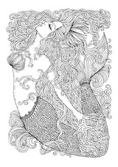 Vector drawing fantastic sea mermaid with long wavy hair. Ornamental decorated graphic illustration of a mermaid tattoo. Coloring  page sea nymph. For print t-shirts. Fairy tale mythical characters.