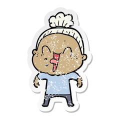 distressed sticker of a cartoon happy old woman